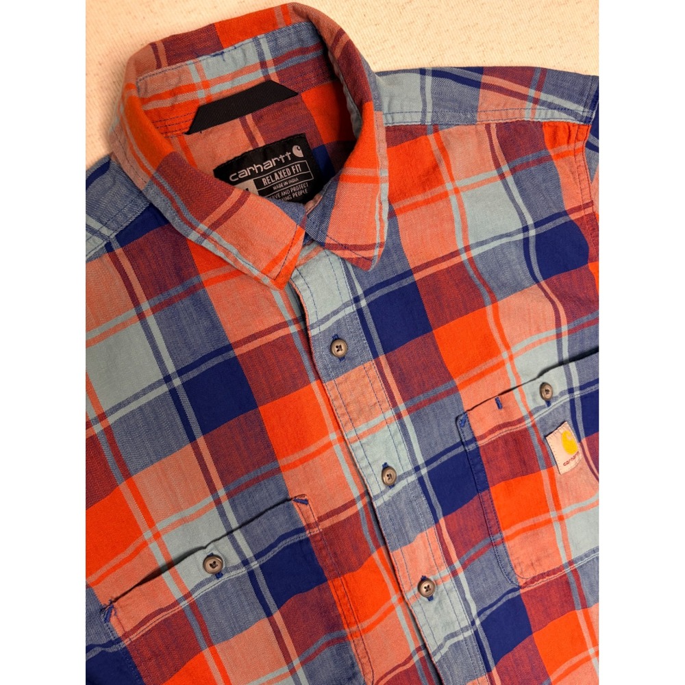 Carhartt Mens Relaxed Fit Plaid Short Sleeve Button Down Shirt Orange Blue‎